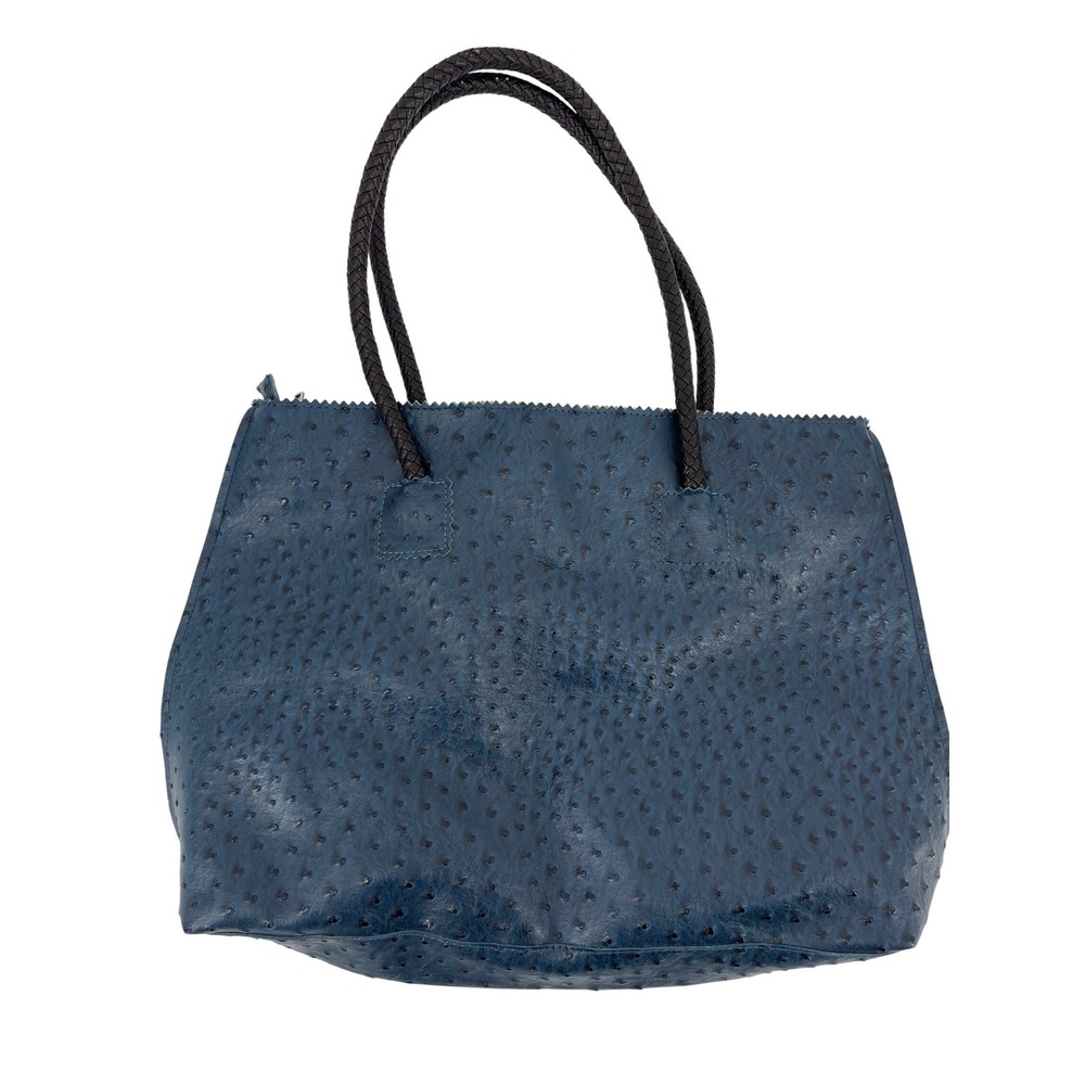 Navy Blue Embossed‎ Faux Ostrich Leather Tote Bag Braided Handles Large Zip Top